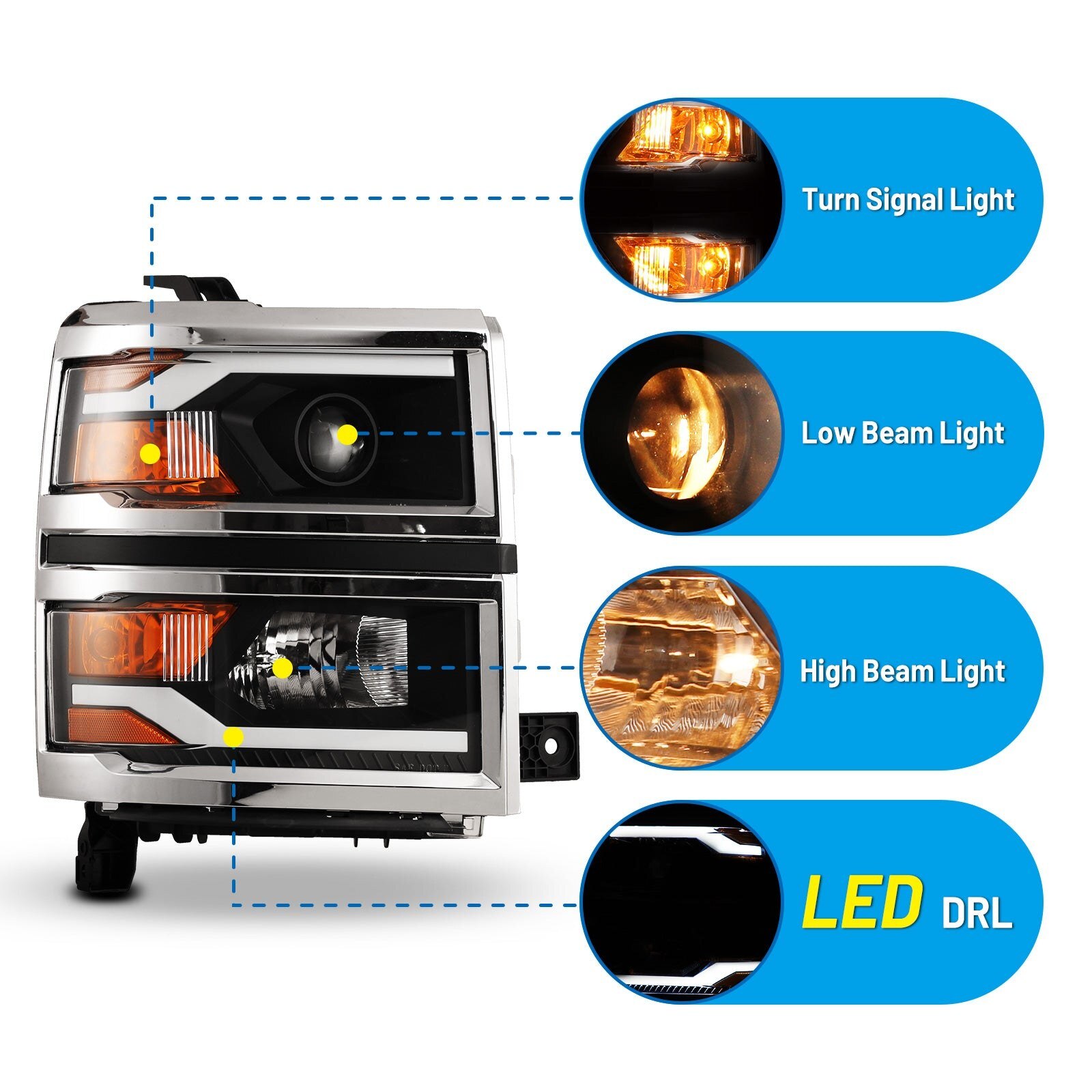 14-15 Chevrolet Silverado 1500: Winjet LED Projector Headlights - Black/Clear photo 4