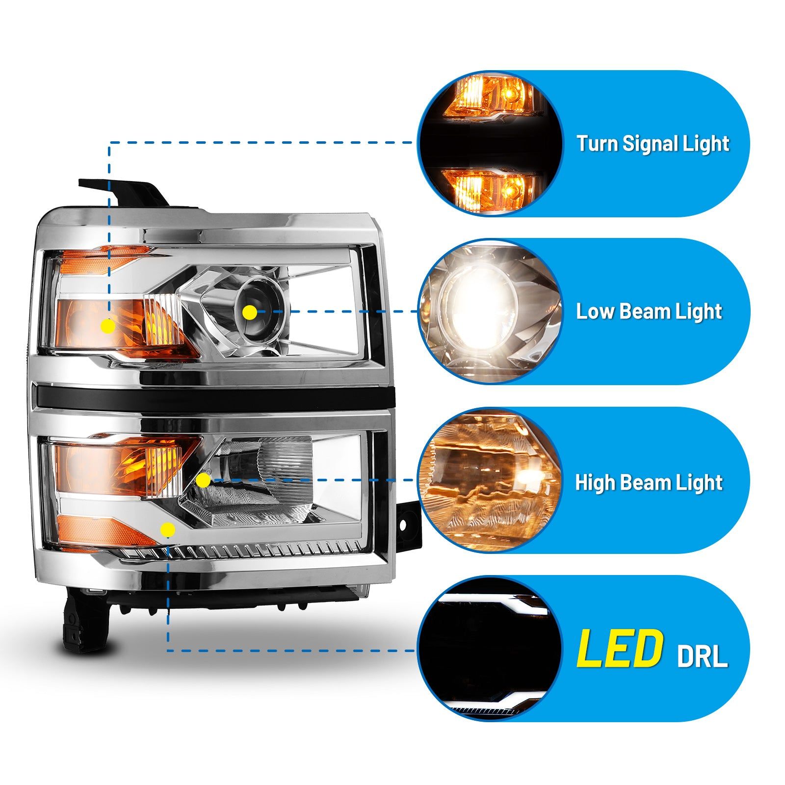 14-15 Chevrolet Silverado 1500: Renegade Projector LED Headlights - Chrome/Clear photo 2