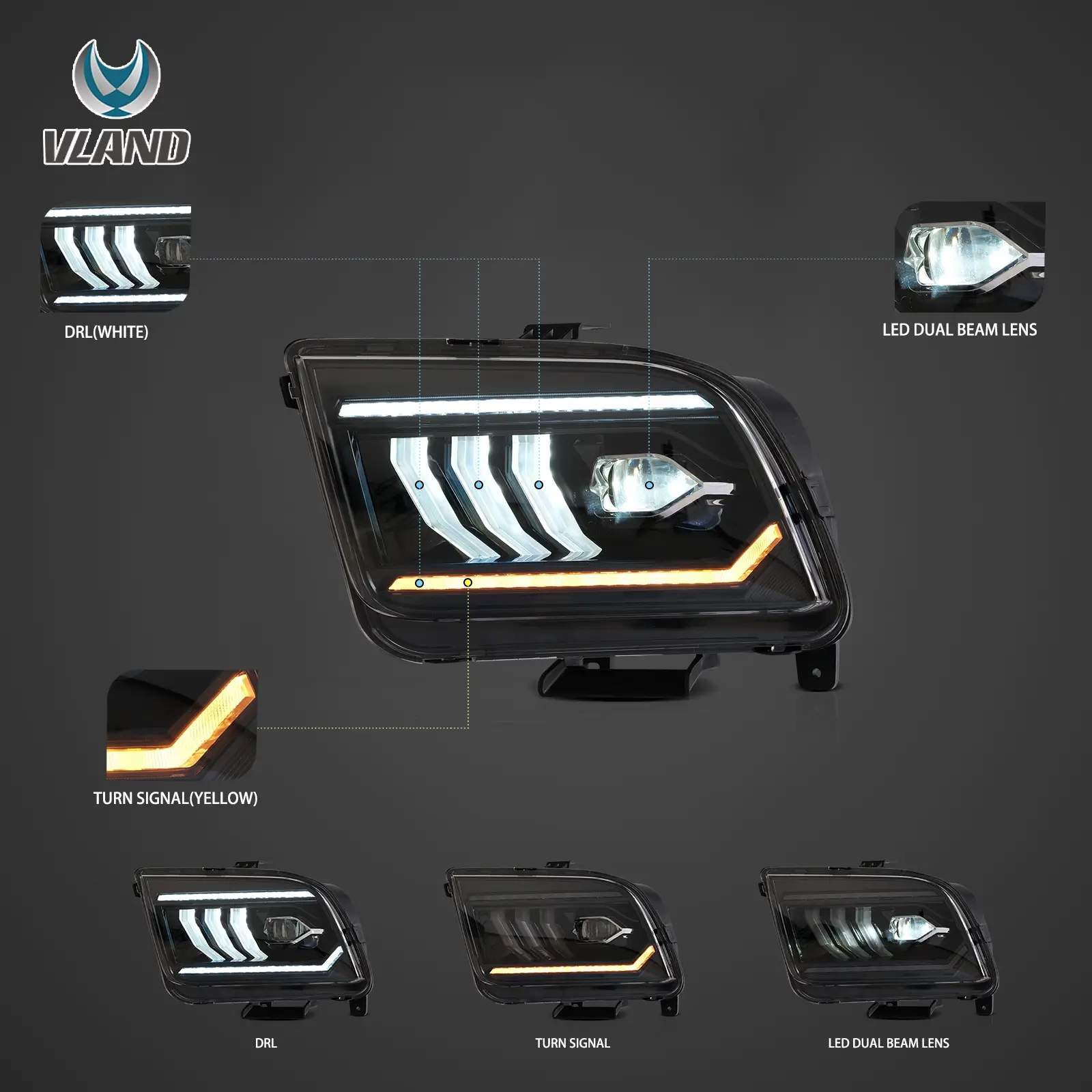 05-09 Ford Mustang: LED Projector Headlights - Black photo 3