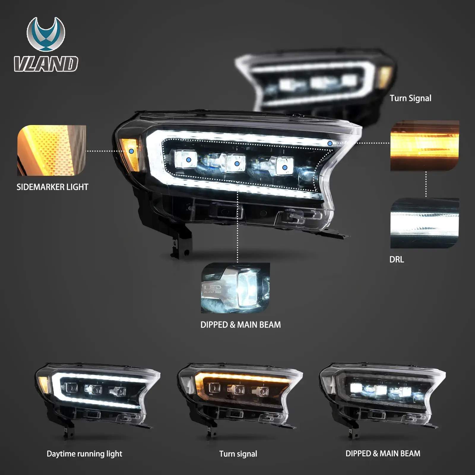 15-21 Ford Ranger International: LED Projector Headlights - Black/Clear photo 3