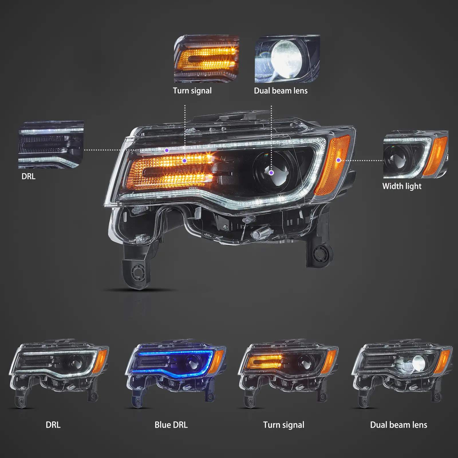 14-22 Jeep Grand Cherokee: LED Projector Headlights - Black/Clear photo 4