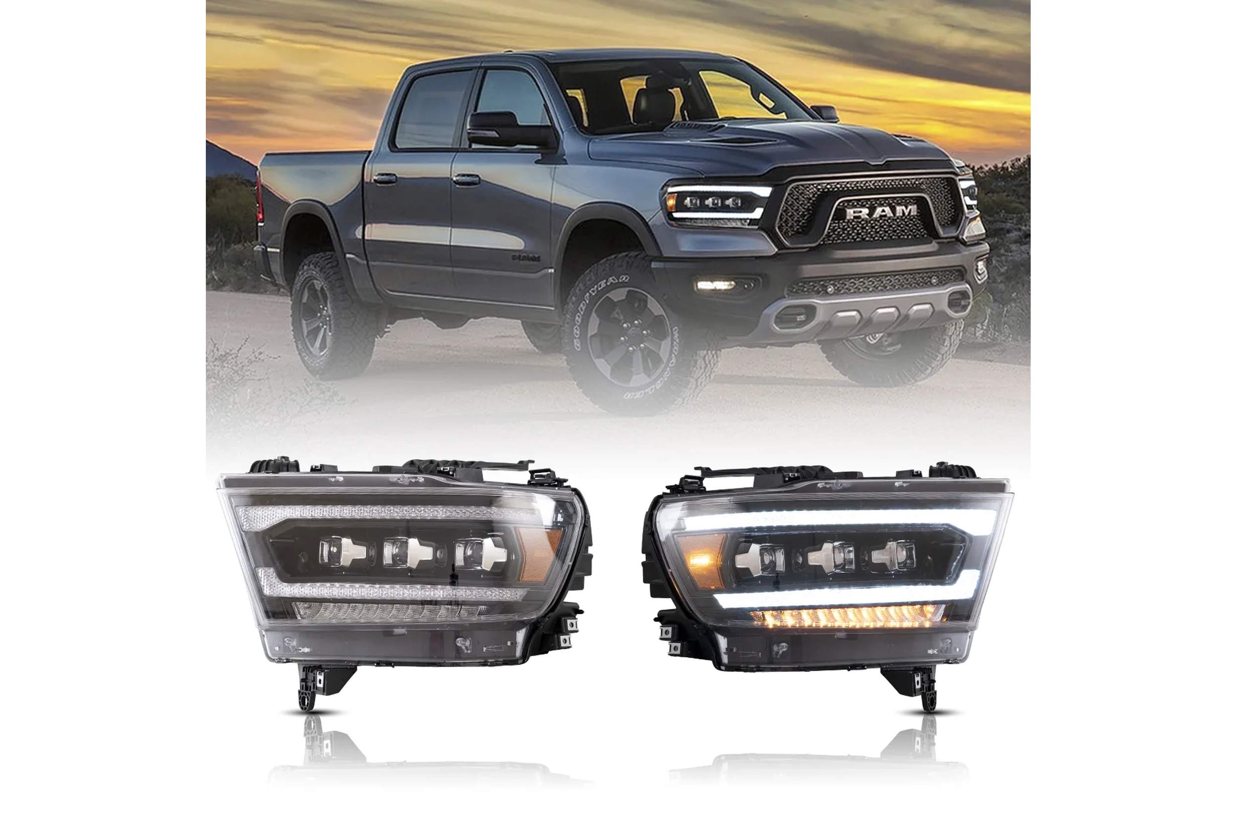 19-22 Ram 1500: LED Projector Headlights - Black/Amber photo 2