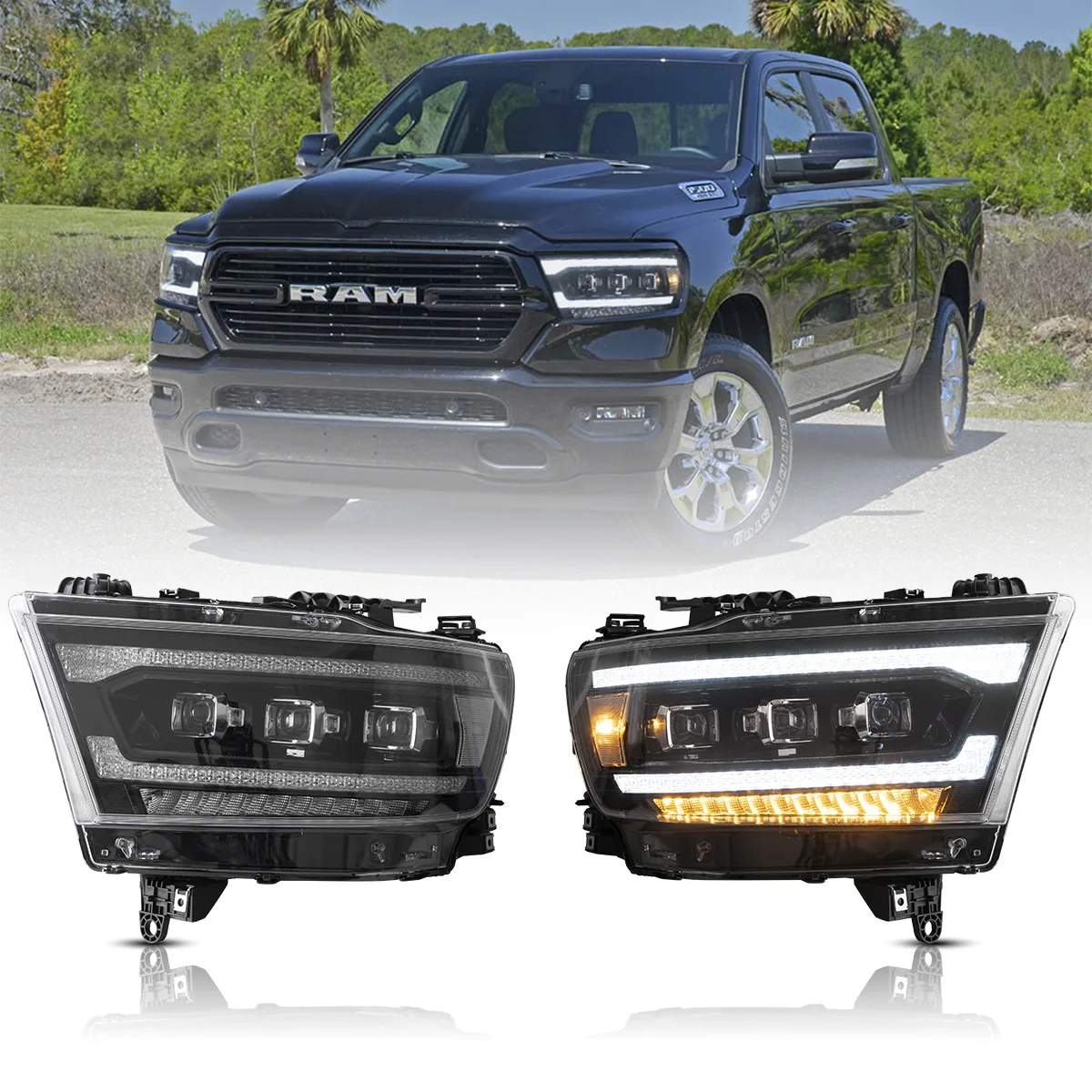 19-22 Ram 1500: LED Projector Headlights - Black/Amber photo 3