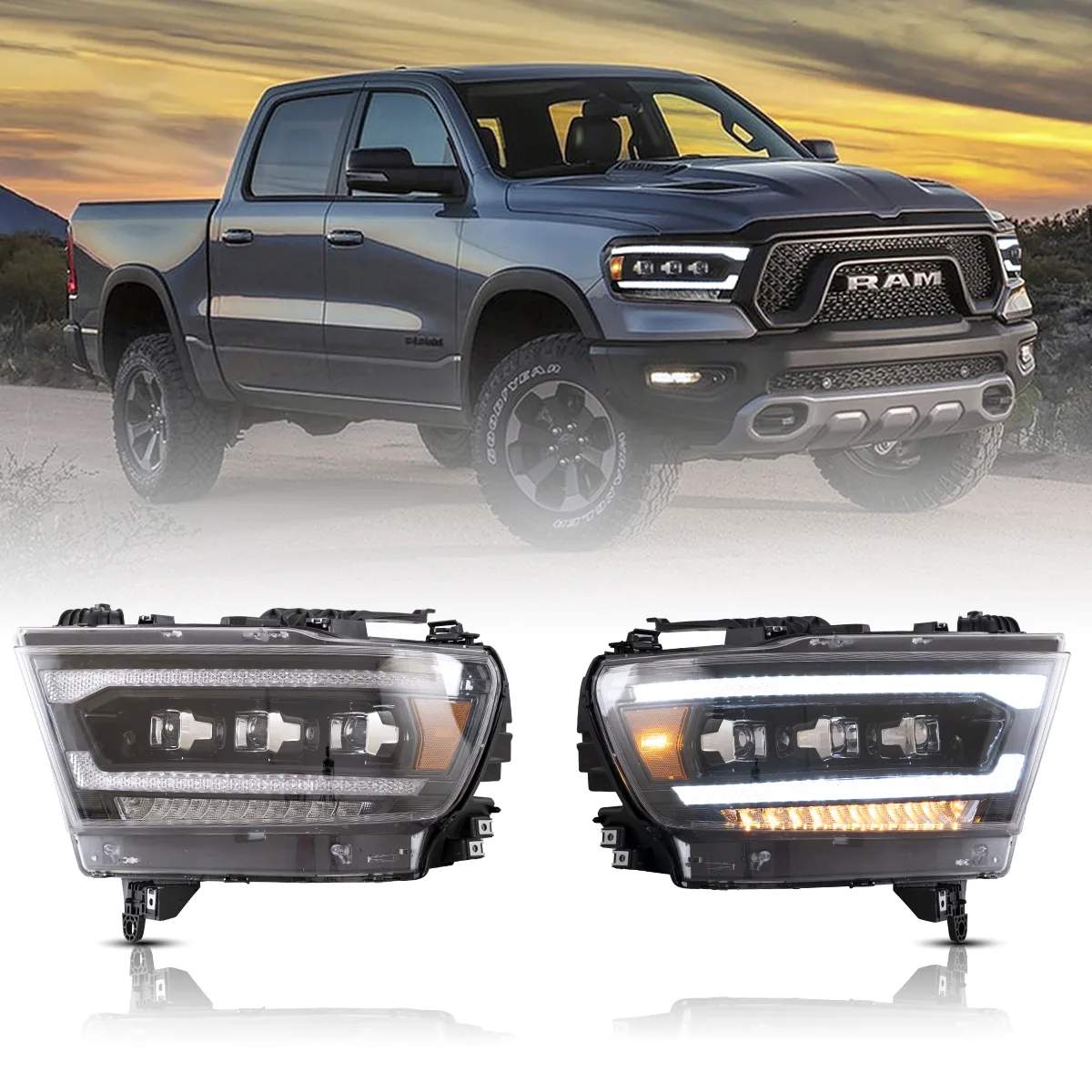 19-22 Ram 1500: LED Projector Headlights - Black/Clear photo 3