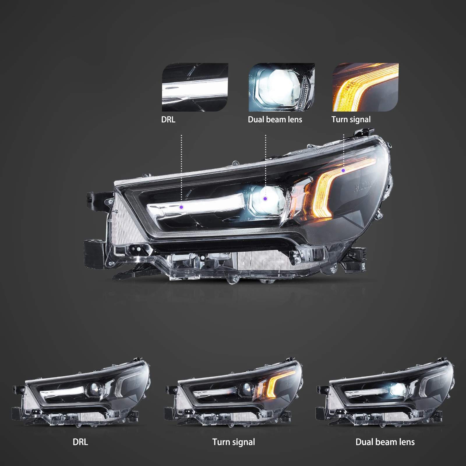 21-26 Toyota Hilux: LED Projector Headlights - Black photo 3
