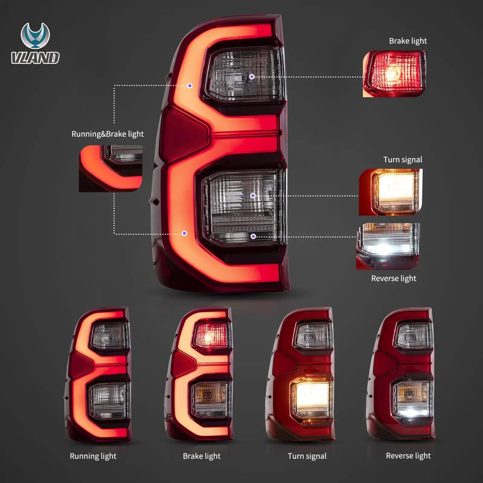 15-22 Toyota Hilux: LED Tail Lights - Red/Clear photo 4